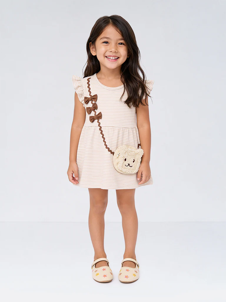 Kids Girls Beige Striped Sling-Bag Design Cotton A-Line Dress